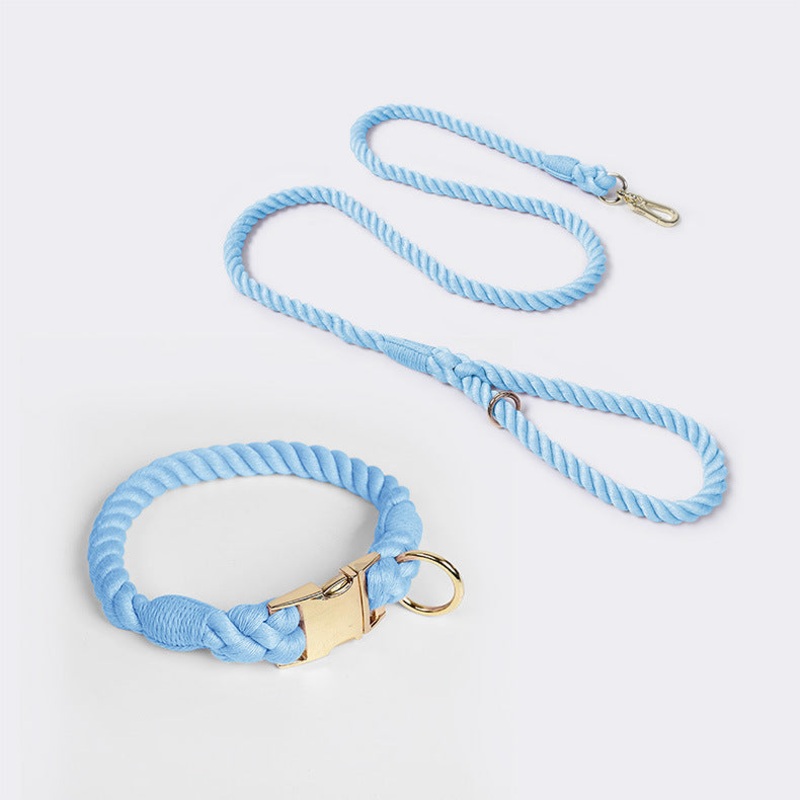 Handmade Rope Dog Collar and Leash Set – Colorful Woven Cotton Cotton (Sky blue – Size M)