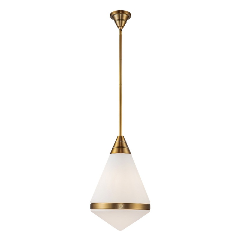 One Light Pendant from the Willard Collection in Vintage Brass/Matte Opal Glass Finish by Alora