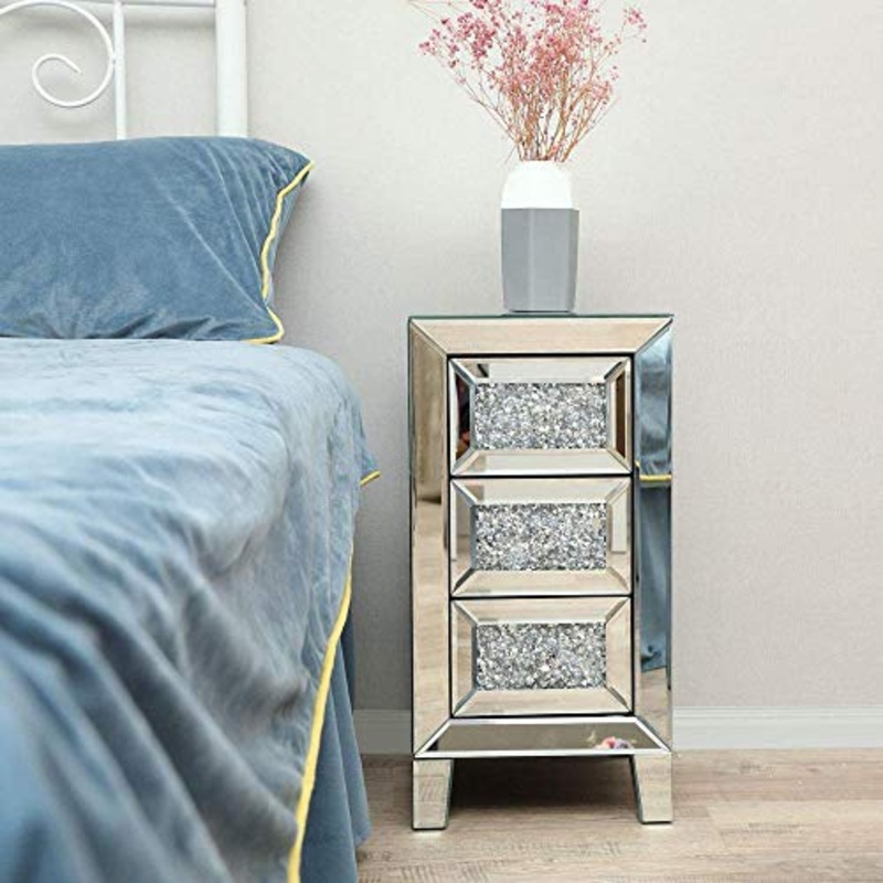 YRRA Comodino da Comodino a Specchio a 3 cassetti con intarsio in Cristallo di Diamanti Tavolino da Salotto in Stile Splendente per Camera da Letto Soggiorno Ufficio Argento