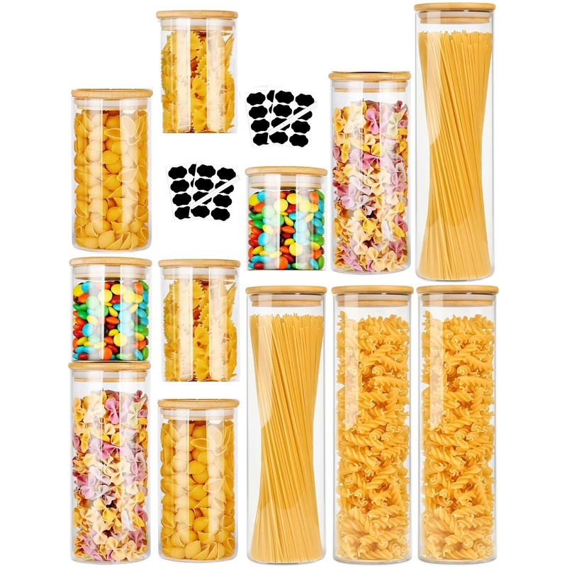 CARLA HOME 12 Pack Glass Storage Jars with Bamboo Lids for Kitchen Pantry, Pasta, Snacks, Cookies, Candy & More