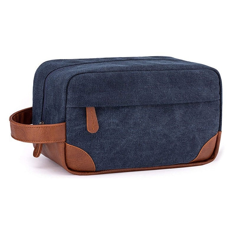 Dark Blue And Brown Men’s Canvas Toiletry Bag – Large Capacity Water-Resistant Travel Organizer Dopp Kit with Handle