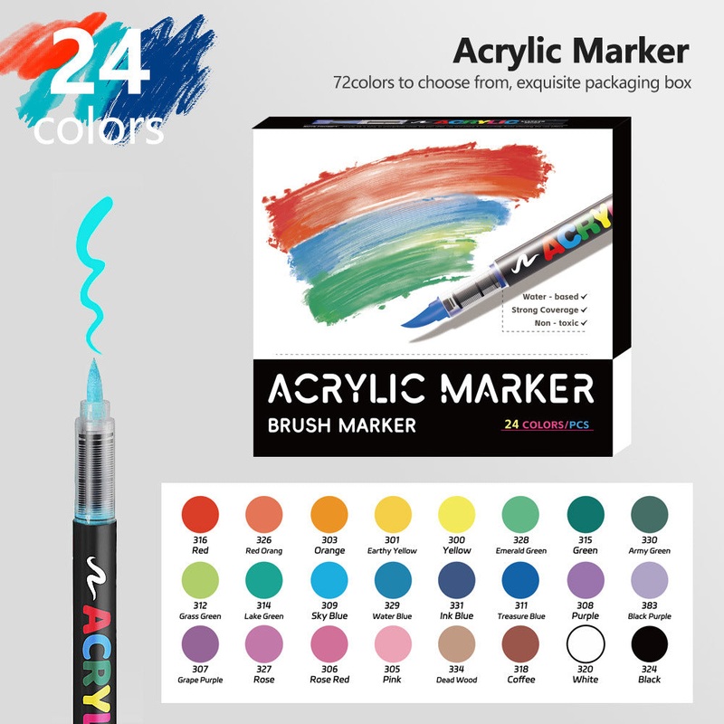 24 Colour Set Vibrant Cyan Acrylic Marker with Soft Brush Tip – 13.8 cm Professional Art Pen