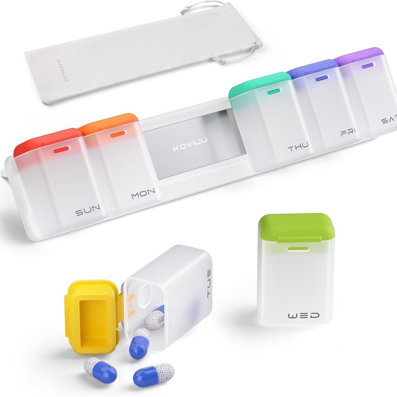 Transparent + Multicolor Cover Weekly Pill Organizer 1-Time-a-Day – Large Capacity Magnetic Closure Pill Box (246 x 49 x 23 mm)