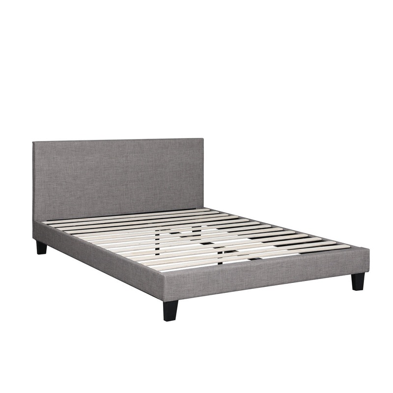 Bed Frame Double Size Wooden Slats Grey Fabric