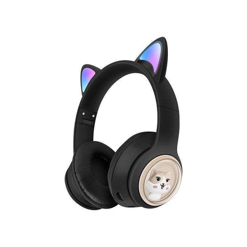 Cute Cat Ear Wireless Headphones – BT5.3, LED Lights, TF Card Slot, Soft Protein Padding(black)
