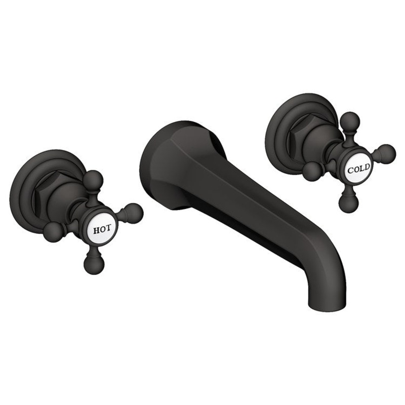 Lavatory Faucet Astor Wall Mount 8 Inch Spread 2 Cross ADA Watersense Flat Black 1.2 Gallons Per Minute Brass Less Drain Spout Reach 7-1/2 Inch