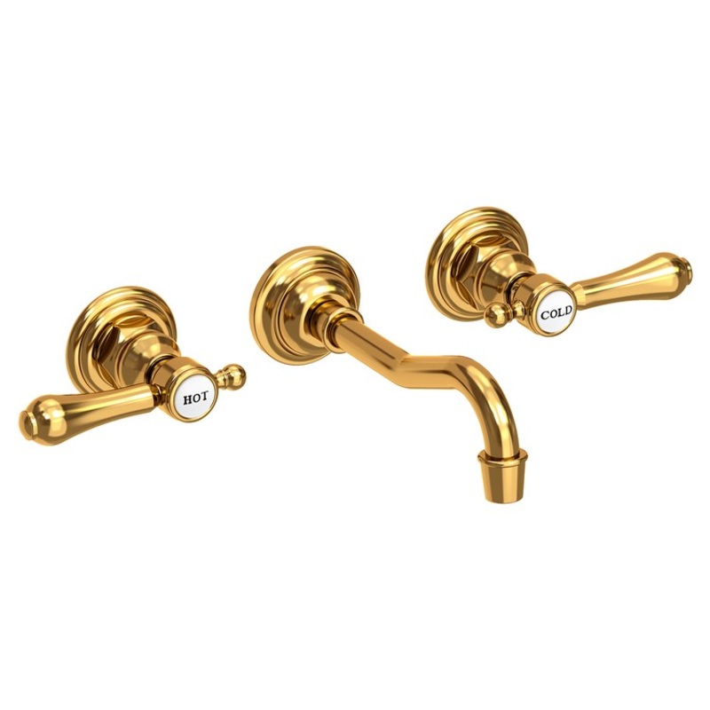 Lavatory Faucet Chesterfield Wall Mount Hot Cold Indicators 8 Inch Spread 2 Lever ADA WaterSense Aged Brass 1.2 Gallons Per Minute Brass Less Drain Spout Reach 7-1/4 Inch