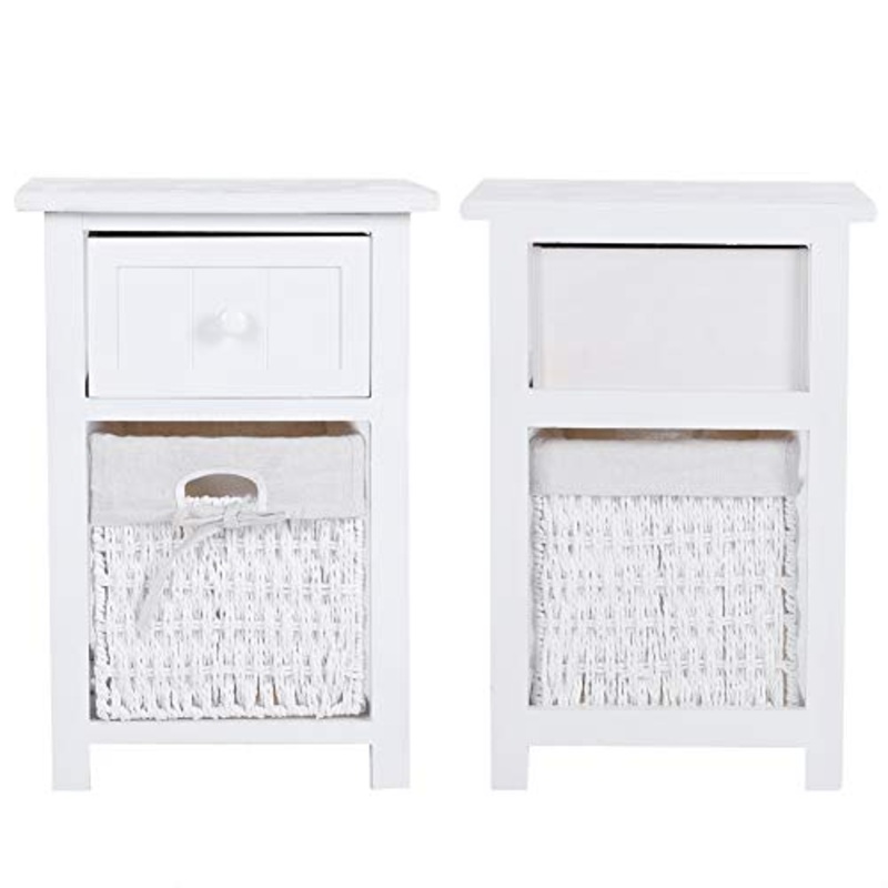 Dsrgwe Comodini 2pcs / Set Leabel Comodino da Comodino Stand Notturno con Cassetto E Cestino del Cestino Bianco