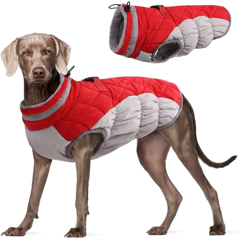 XS Red Grey Premium Winter Puffer Dog Coat – Windproof & Fleece-Lined Jacket for Cold Weather