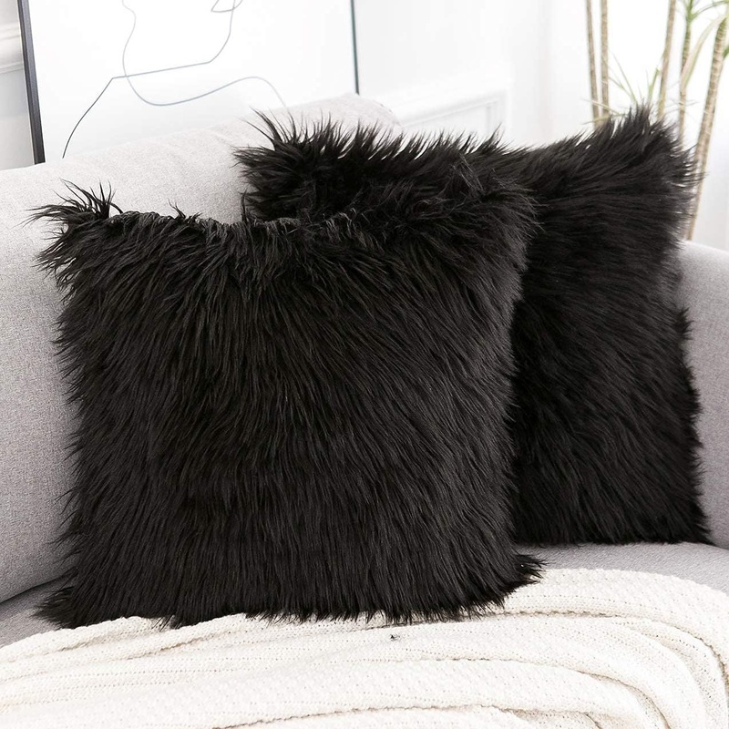 Black Luxurious Long Faux Fur Cushion Covers – Set of 2, 45x45cm Soft Plush Decorative Pillowcases for Sofa & Bed