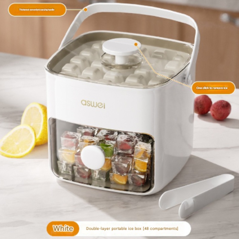 White Innovative Press-Release Ice Cube Maker – Dual Layer Trays & Storage Bin (48 Cubes)