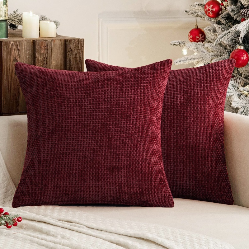 Dark Red Plush Chenille Cushion Covers Set of 2 – Soft Textured Decorative Throw Pillow Cases for Sofa Couch, 45x45cm