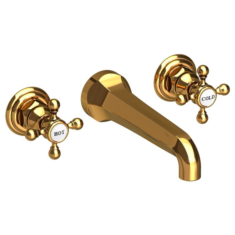 Lavatory Faucet Astor Wall Mount 8 Inch Spread 2 Cross ADA Watersense Polished Gold PVD 1.2 Gallons Per Minute Brass Less Drain Spout Reach 7-1/2 Inch