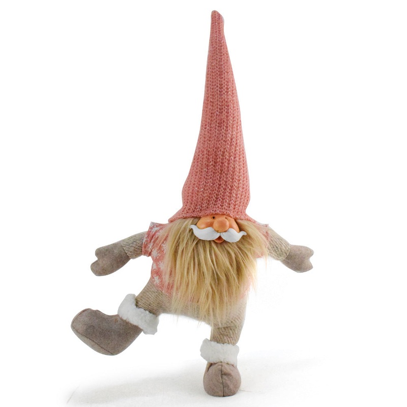 Pink Hat One-Legged Standing Christmas Gnome – Santa & Rudolph Plush Faceless Dwarf Figurine