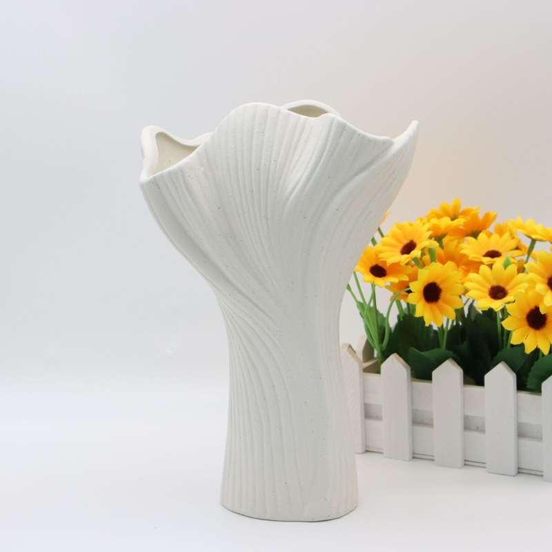 White Elegant Off-White Ceramic Vase – Modern Sculptural Flower Holder with Wide Fluted Opening