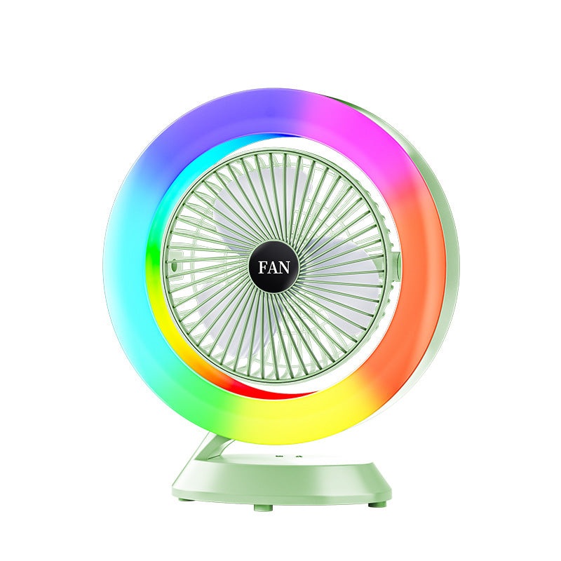 Green RGB Desktop Fan – USB Rechargeable, 3-Speed, 180 Adjustable, LED Light