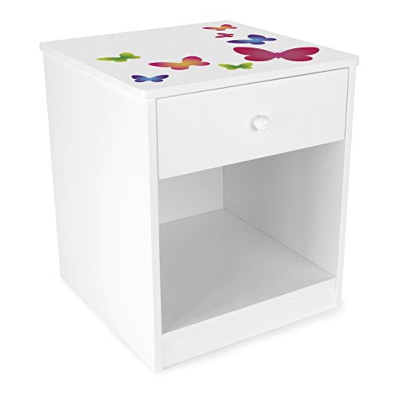 Leomark comodino classico per cameretta con cassetto e scompartimento apertoin, cassettiera per bambini in legno, colore bianco con motivo FARFALLE, dimensioni: 34cm x 33,5cm x 40cm (LxPxA)