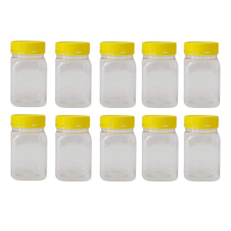 10x 500g Plastic Honey Jars + Lids – Square Clear Food Grade Packaging Containers