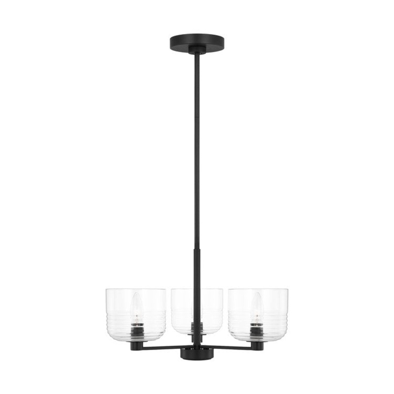 Chandelier Lochdale 1 Tier Small 3 Lamp Midnight Black Clear Ribbed Steel/Glass Title 24