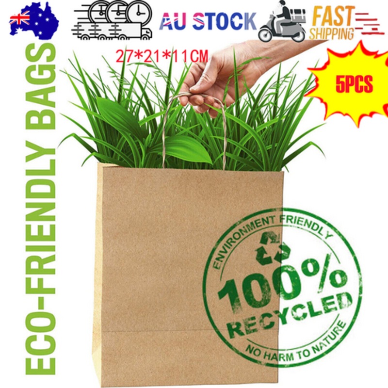 5pcs Bulk Kraft Paper Bags Gift Shopping Carry Craft Brown Retail Bag with Handles Au M
