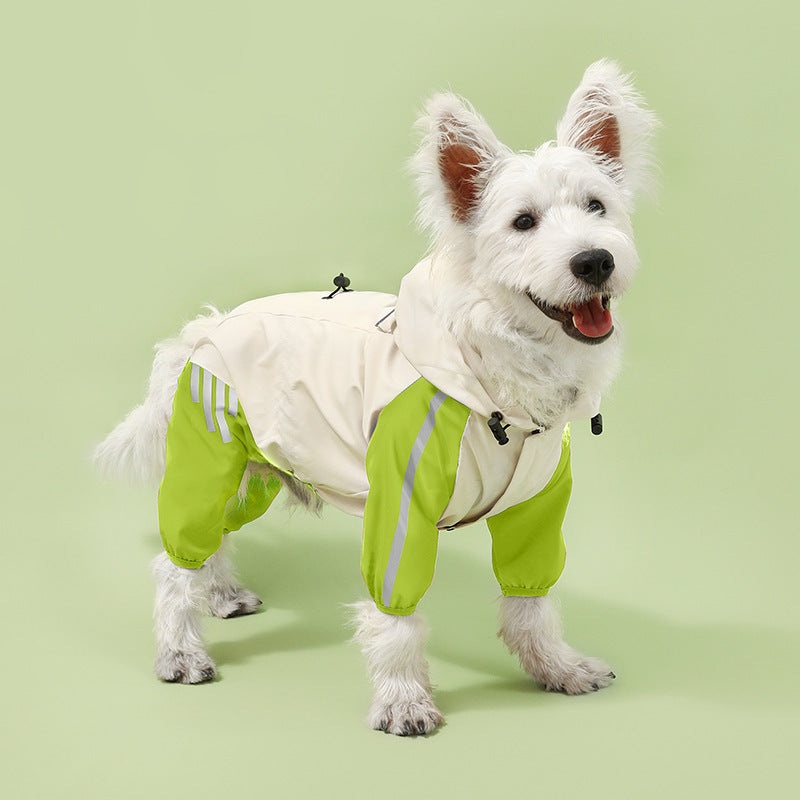 Colorblock (White Green) Dog Raincoat – Waterproof with Hood and Reflective Strips (Size M)