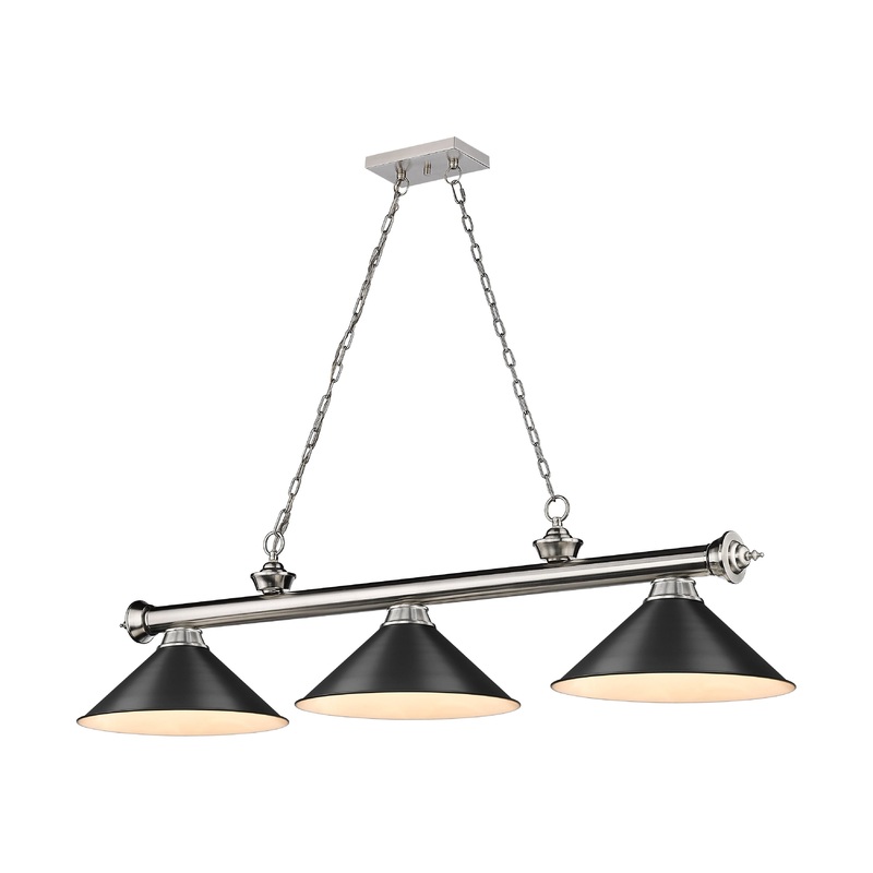 Cordon 3-Light Billiard Brushed Nickel Cone Matte Black Steel