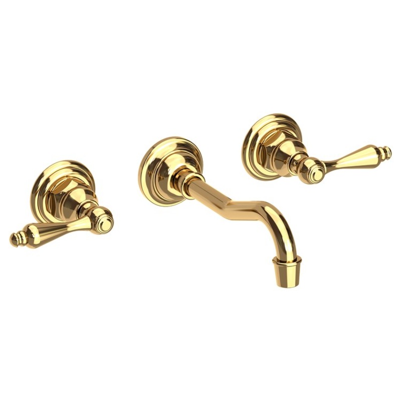 Lavatory Faucet Chesterfield Wall Mount 8 Inch Spread 2 Lever ADA WaterSense Polished Brass Uncoated Living 1.2 Gallons Per Minute Brass Less Drain Spout Reach 7-1/4 Inch