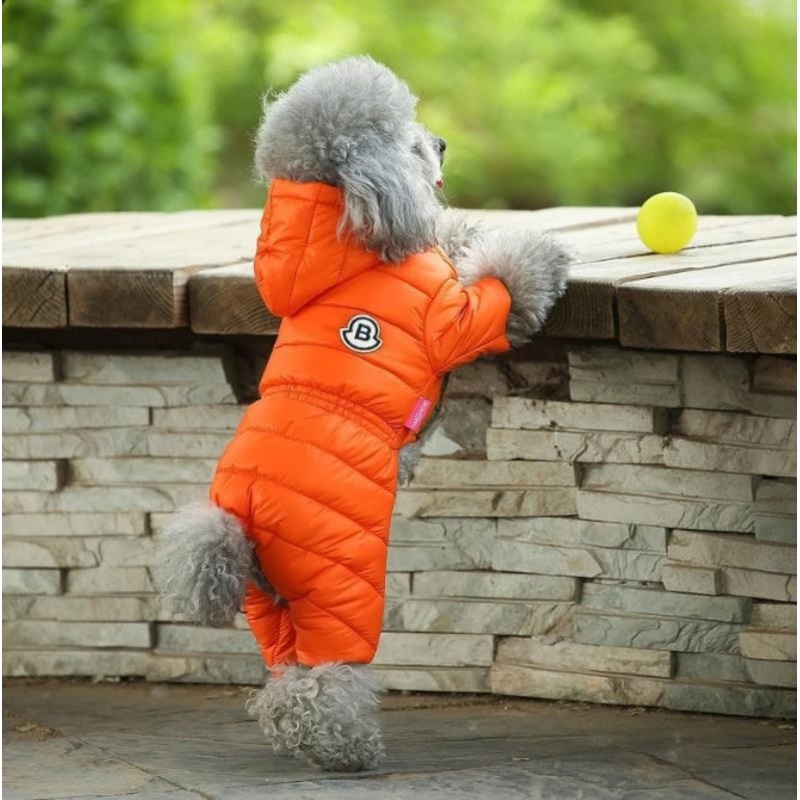 Orange Warm Puffer Dog Coat – Waterproof Four-Legged Winter Jumpsuit for Small Dogs