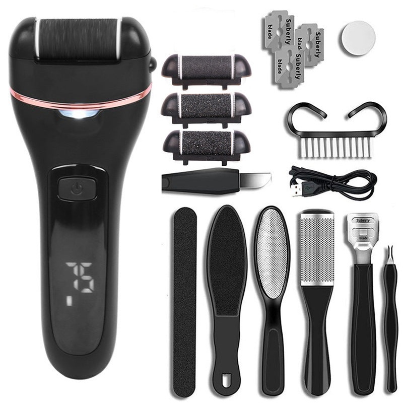 Rechargeable Electric Foot File with LCD Display – 3 Grit Heads & Waterproof Design(black)