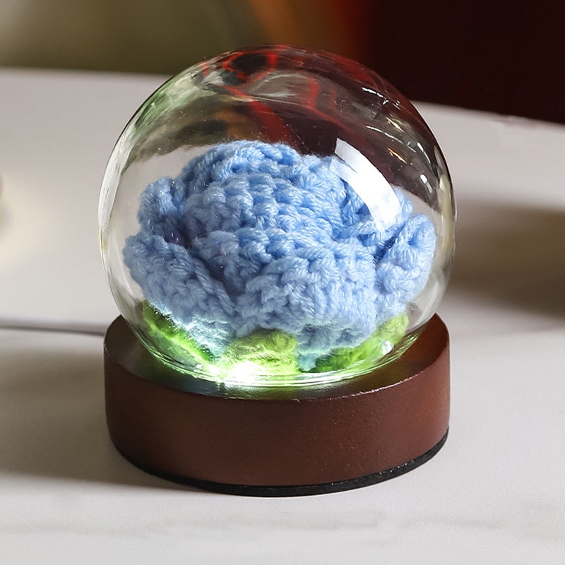 Blue Rose Handcrafted Crochet Flower LED Night Light – USB Rechargeable Glass Dome Lamp with Wood Base, 3 Color Modes