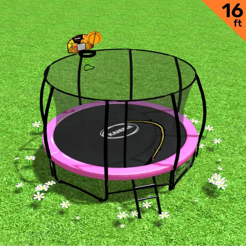 Kahuna 16ft Outdoor Trampoline Kids Children With Safety Enclosure Pad Mat Ladder Basketball Hoop Set – Pink
