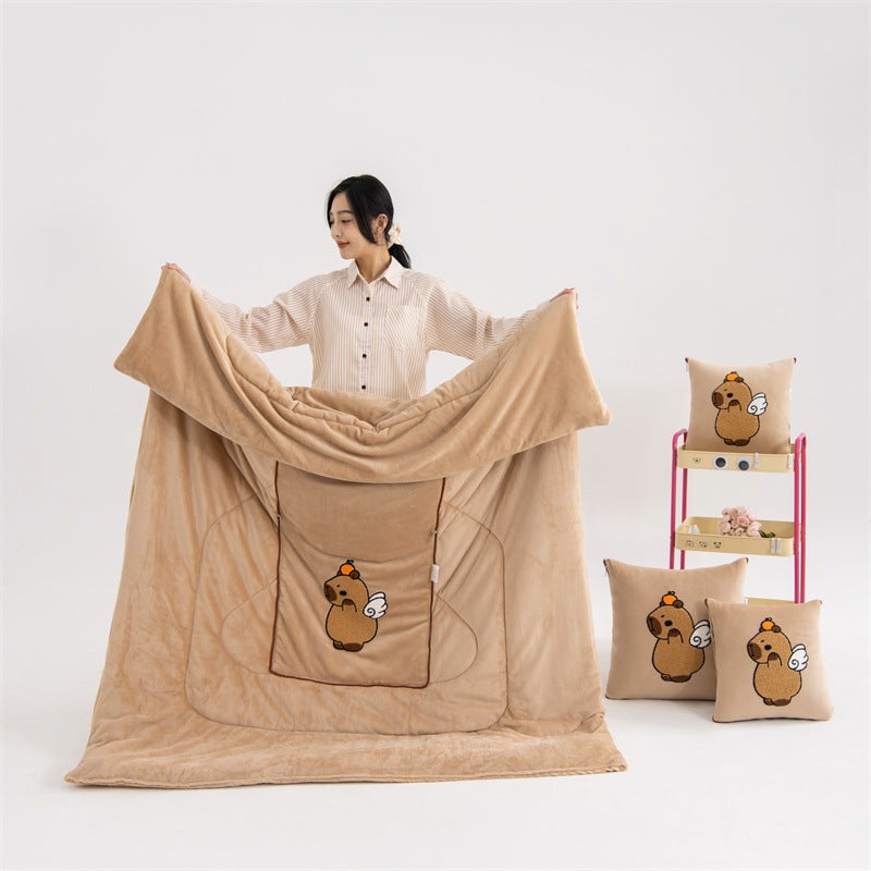 Light Coffee Kapybara – 2-in-1 Foldable Car Pillow Blanket – Cozy 40x40cm Pillow, Unfolds to 100x150cm Blanket for Travel and Office Naps