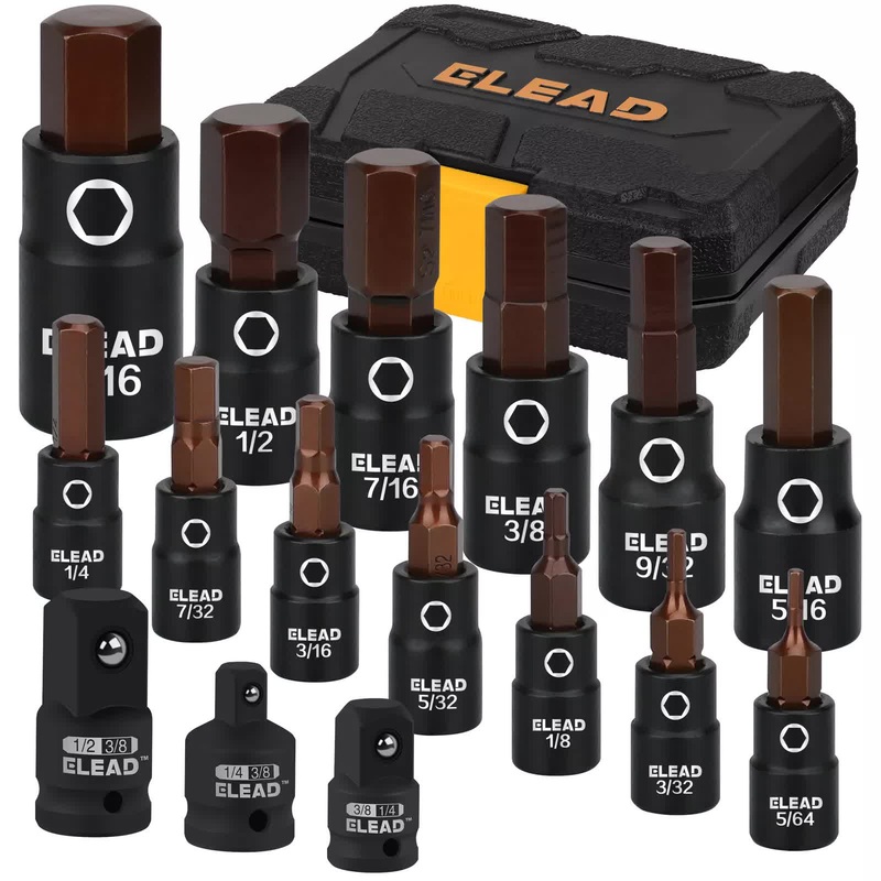 16Pc SAE Hex Bit Impact Socket Set 5/64″-9/16″ Allen Socket Set Socket Adapter