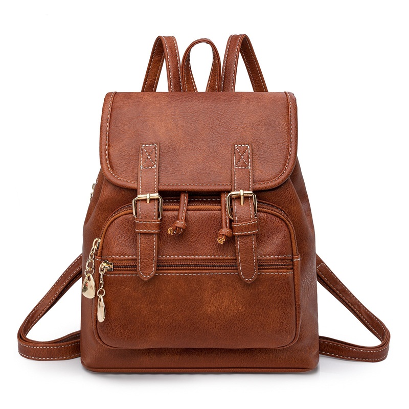 Brown Stylish PU Leather Backpack for Women – Compact Travel Companion
