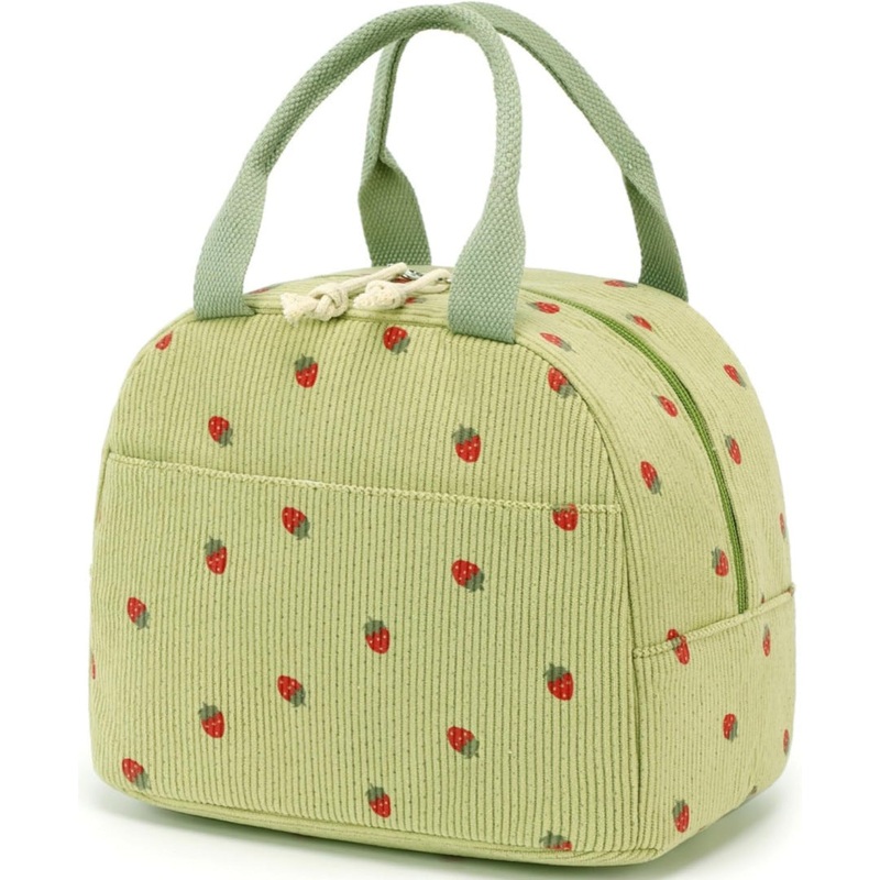 Green Strawberry Pattern Corduroy Lunch Bag – Insulated Thermal Cooler Tote for School Work and Picnics