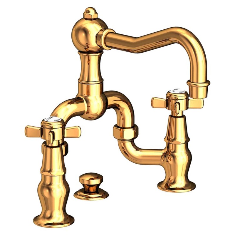 Lavatory Faucet Fairfield Bridge 8 to 9-3/4 Inch Spread 2 Cross ADA WaterSense Polished Gold PVD 1.2 Gallons Per Minute Brass Pop Up Spout Reach 7-3/16 Inch