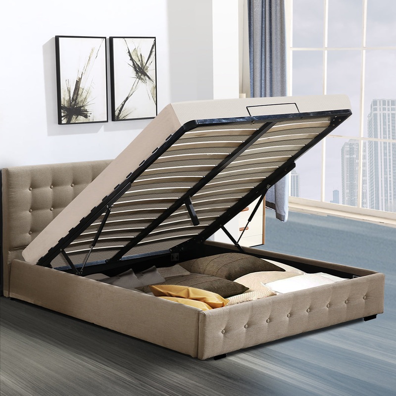 Levede Fabric Bed Frame Double Gas Lift Double Beige