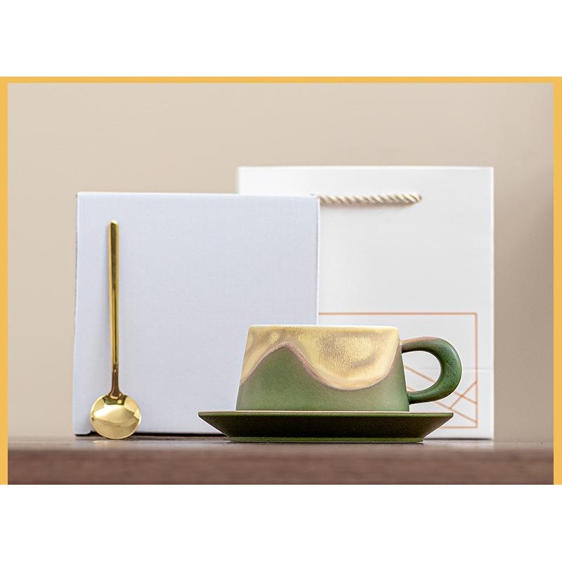 Artistic Ceramic Coffee Cup & Saucer Set with Spoon – Gradient Glaze, 240ml, Gift Boxed(Green)