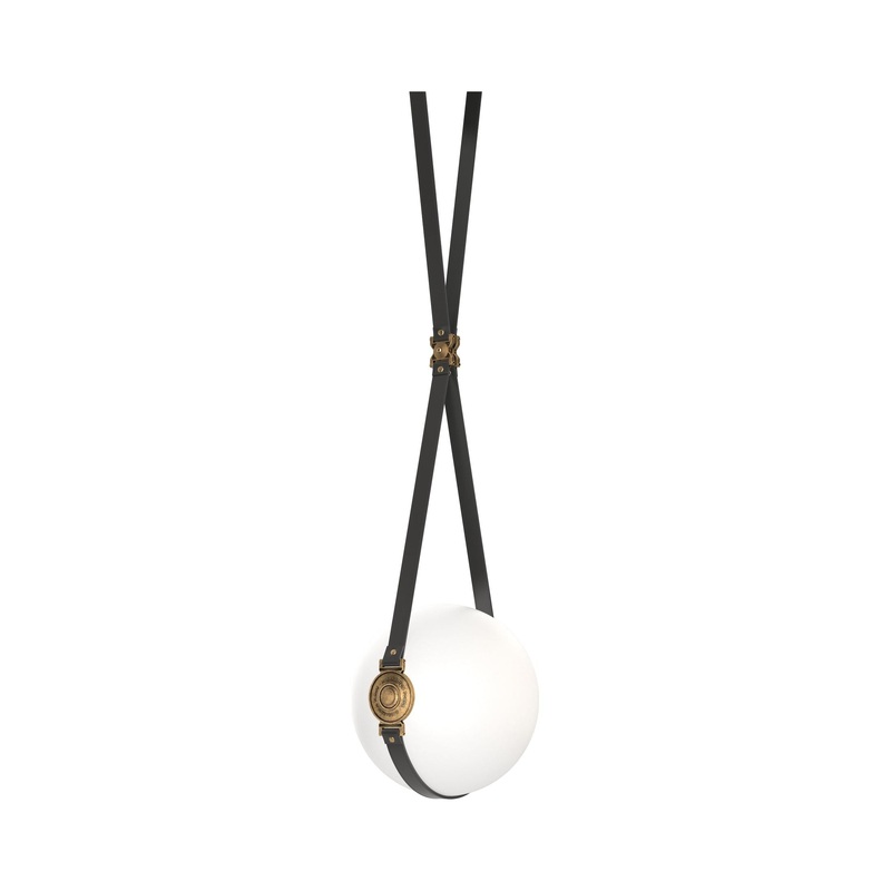 Derby Small LED Pendant Black Antique Brass with Black Leather Hubbardton Forge Branded Plate