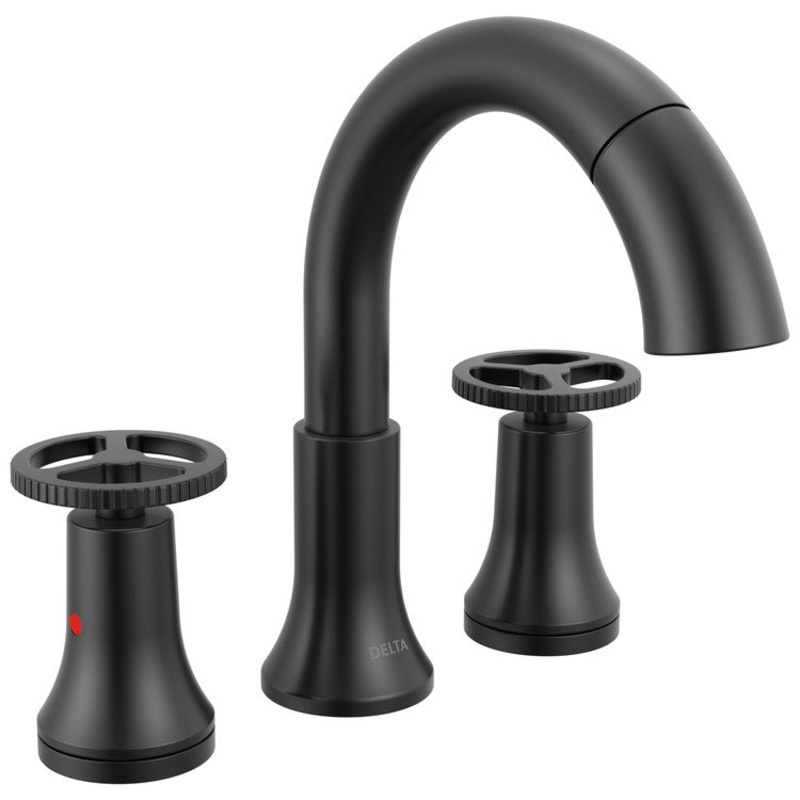 Lavatory Faucet Trinsic Widespread 4-16 Inch Spread 2 Wheel ADA WaterSense/CALGreen Matte Black 1.2 Gallons per Minute Deck Mount Metal Pop-Up Drain 3 Hole MagnaTite Docking