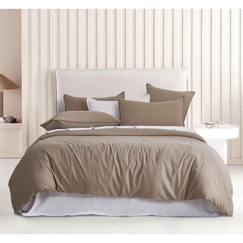 Vintage Washed Microfibre Quilt Cover Set (Truffle, Single)