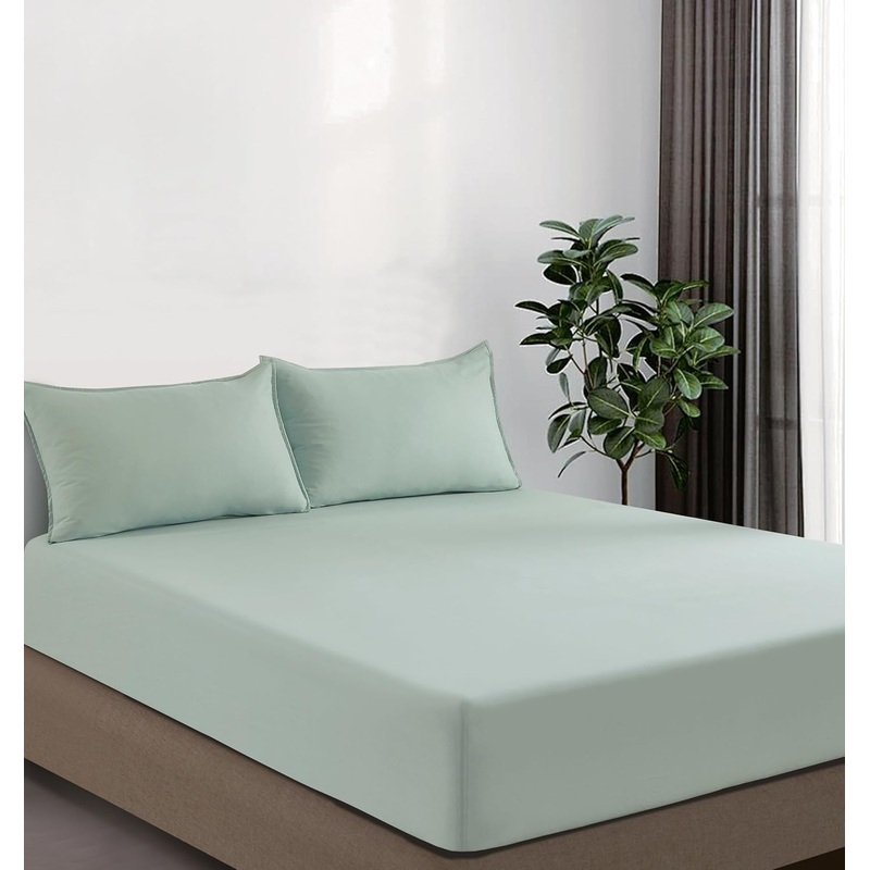 100% Vintage Washed Microfibre Fitted Sheet Set  Ultra Soft & Lightweight All-Season Fitted Sheet with 2 Pillowcases (Sage, Double Size)