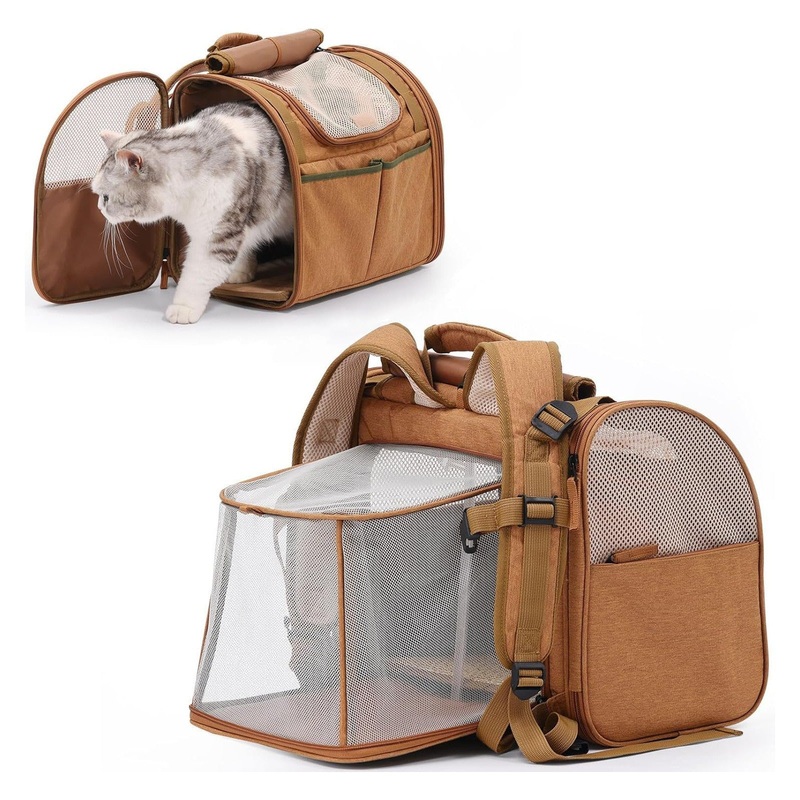 Brown Expandable Breathable Outdoor Portable Large Space Cat Backpack – Pet Carrier for Cats and Dogs