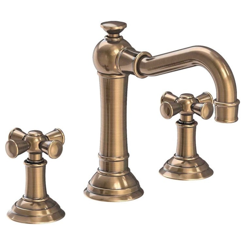 Lavatory Faucet Jacobean Widespread 8 to 20 Inch Spread 2 Cross ADA Antique Brass 1.2 Gallons per Minute Brass Spout Height 4-13/16 Inch