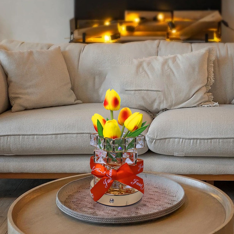 Yellow Elegant Crystal Tulip LED Night Light – Rechargeable Touch Lamp with 3 Colors & Dimming
