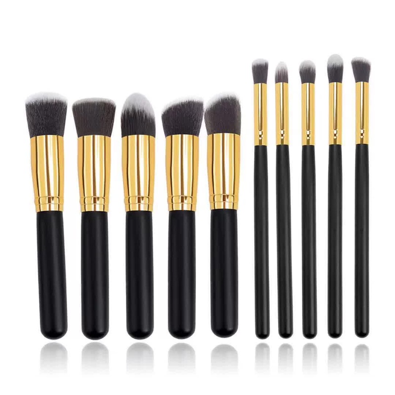 10-Piece Black and Gold Makeup Brush Set – Large and Small Brushes for Professional Beauty Application