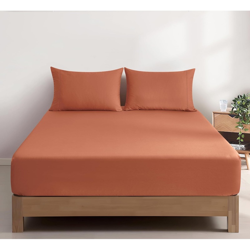 100% Vintage Washed Cotton Fitted Sheet Combo Set  100% Natural Cotton, Ultra Soft & Breathable  Includes Fitted Sheet & Pillowcases  Machine Washable (Brick, Queen)