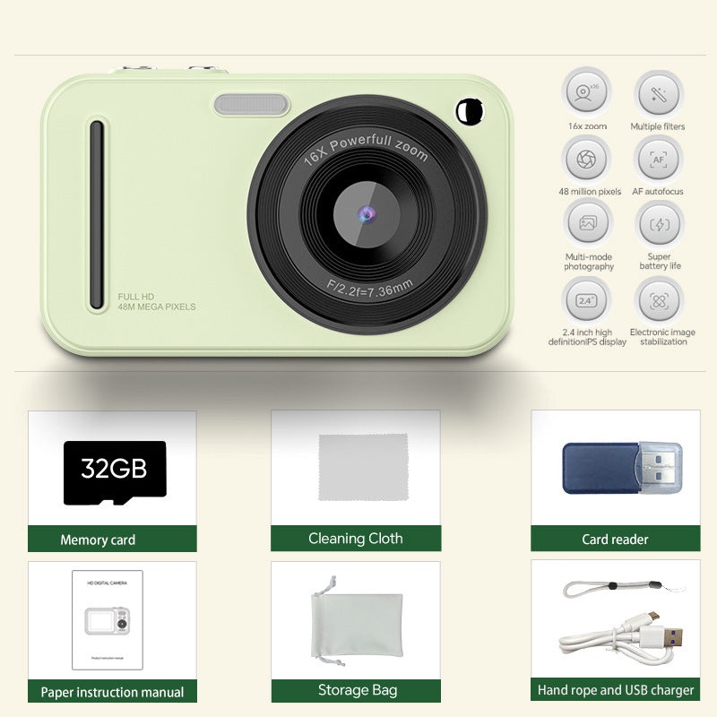 48MP Digital Camera with 16x Zoom & AF Autofocus – Full HD Vlogging Camera for Beginners & Kids(Green)