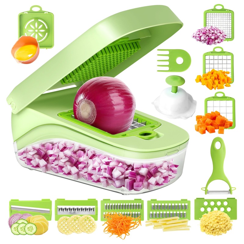 Green Versatile 14-in-1 Vegetable Chopper & Slicer Set – Multi-functional Kitchen Mandoline Dicer & Grater