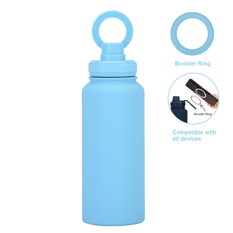 Light Blue 1L Stainless Steel Water Bottle with Magnetic Phone Holder Lid – Portable Hydration & Hands-Free Stand